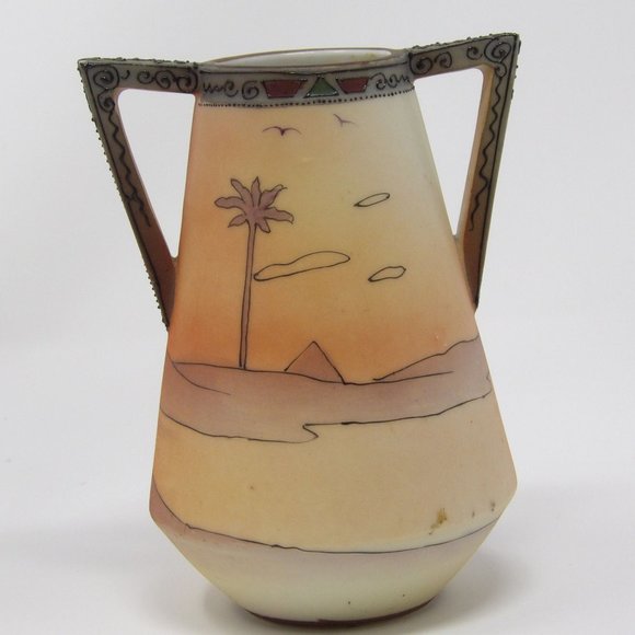 Antique Hand Painted Nippon Green Label Handled Vase with Egyptian Scene with Mo - Picture 7 of 10